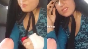 Pathani girlfriend gives a blowjob in a car, showing off her breasts and pussy
