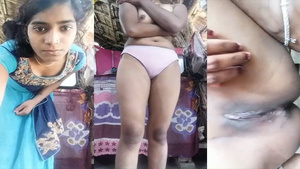 Desi village girl with big boobs and clean-shaven pussy strips and masturbates on camera